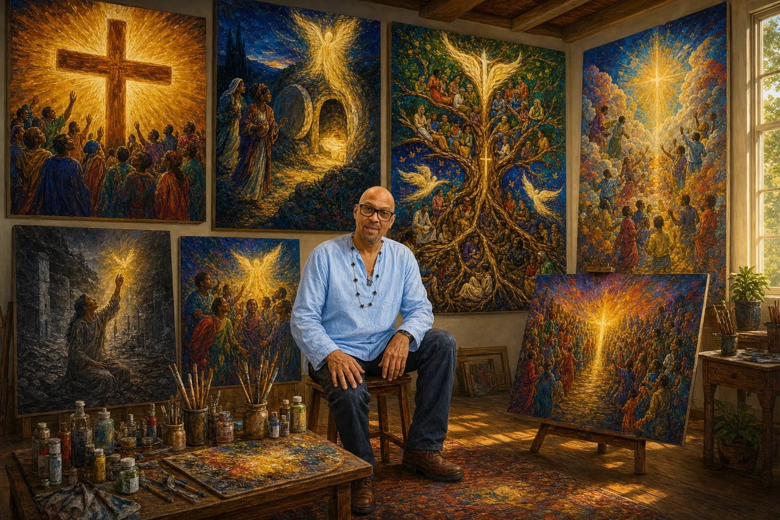 Tadeo seated in his gallery, surrounded by his canvases, brushes and paint on the table beside him.